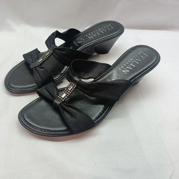 Italian Shoemakers Womens Black Rhinestone Wedge Sandals Made in Italy Size 8