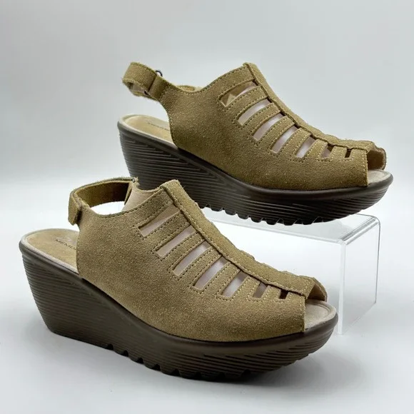 Skechers Parallel‎ Wedge Sandals Womens 7 Tan Suede Cage Platform Boho Comfort