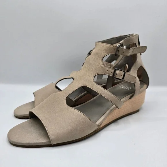 Eileen Fisher Wedge Sandals Leather Open Toe Ankle Strap Beige‎ Size 9
