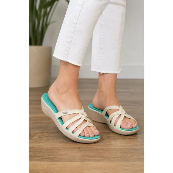 Crocs Women's Sanrah White Teal Strappy Wedge Sandals Size 8‎
