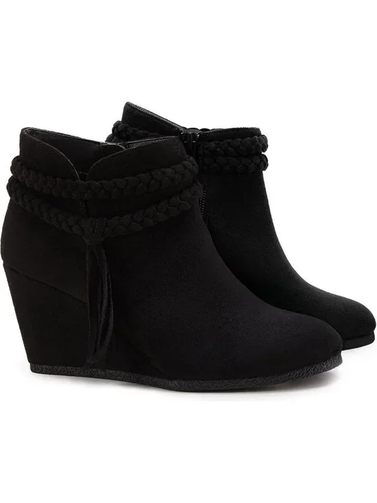 Stylish Women's Wedge Ankle Boots with Braided Fringe & Western Heels - Fall
