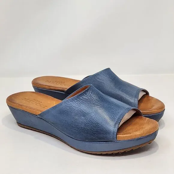 Sesto Meucci Blue Leather Wedge Slide Mule Sandal Women Size 9.5 M Open Toe