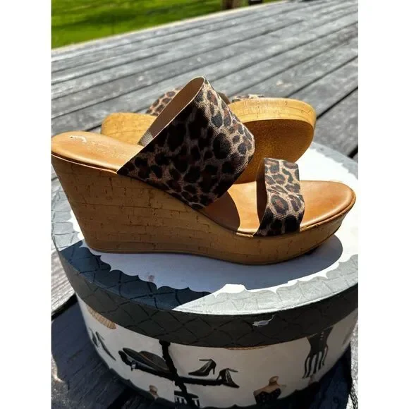 Italian Shoemakers Leopard-Print Cork Wedge Slides