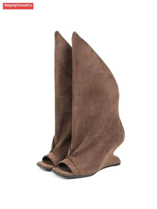 Slouchy Knee-High Peep-Toe Wedge Boots Faux Suede Pull-On