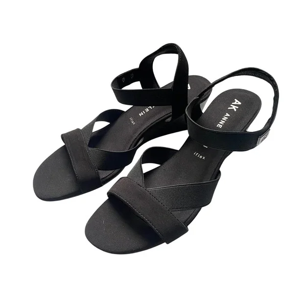 Anne Klein iFlex Black Wedge Sandals Womens 10M AKBASIMA Elastic Straps NWOB‎