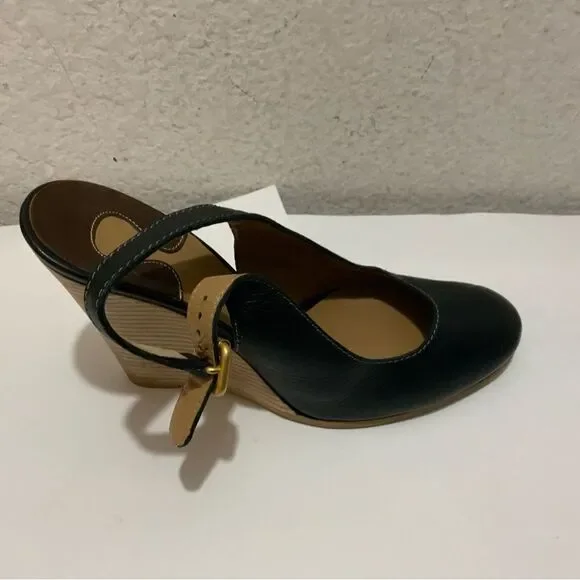 Chloé Leather Slingback  Leather Wedge Ankle Pumps In Black 39.5 Italy