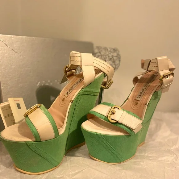 GIANMARCO LORENZI GREEN STRAPPY WEDGE SANDALS EU40