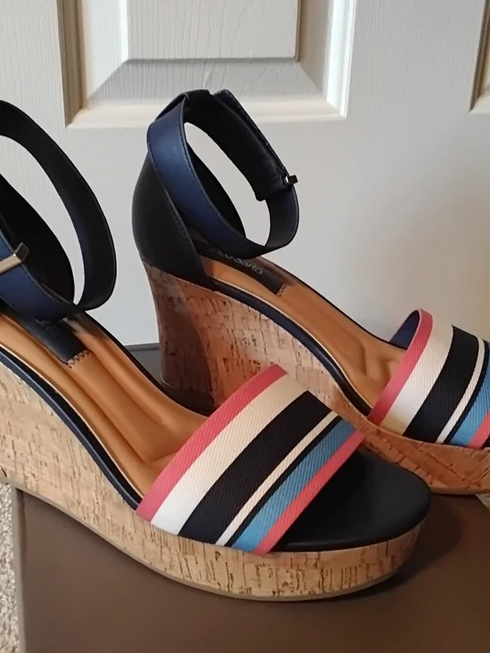Franco Sarto Clemons Navy Espadrille Wedge Sandals with Multicolor Stripes, 8.5