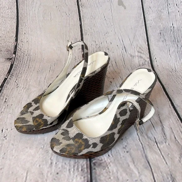 Via Spiga Brown Leopard Linen Leather Lining Slingback Wedge Sandals Size 6.5