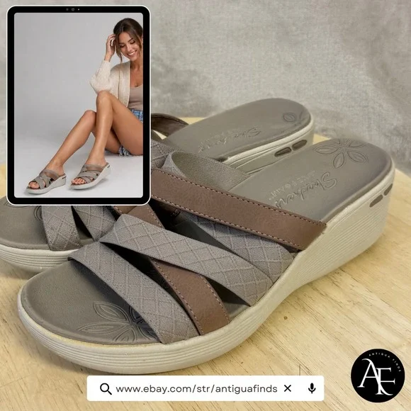 Skechers Luxe Foam Womens Brown Grey Multi Strap Wedge Slide Sandals Size 8