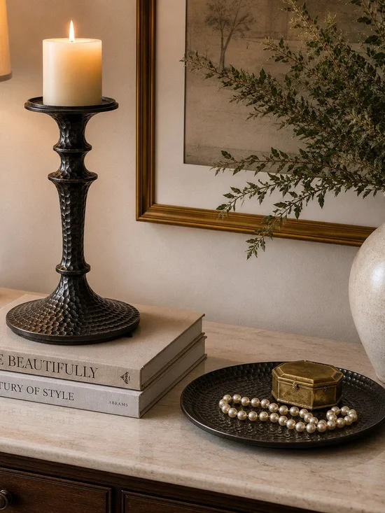 Pottery Barn Dark Brown Cast Iron Candleholder & Candle Plate