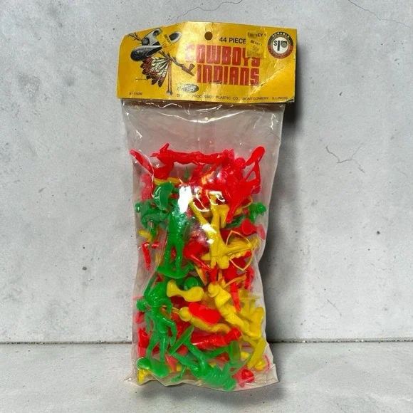 Vintage B-Line Toys 44 Piece Cowboys & Indians Plastic Play Set Sealed Bag 1156W