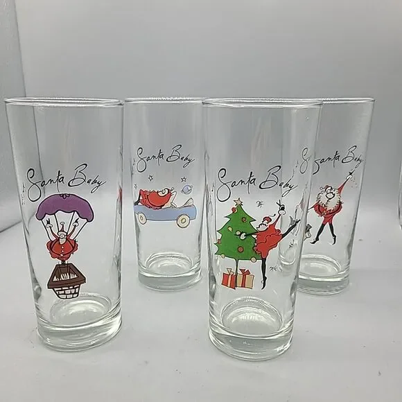 Set (4) Pottery Barn Highball Drinking Glasses  Christmas “Santa Baby” New