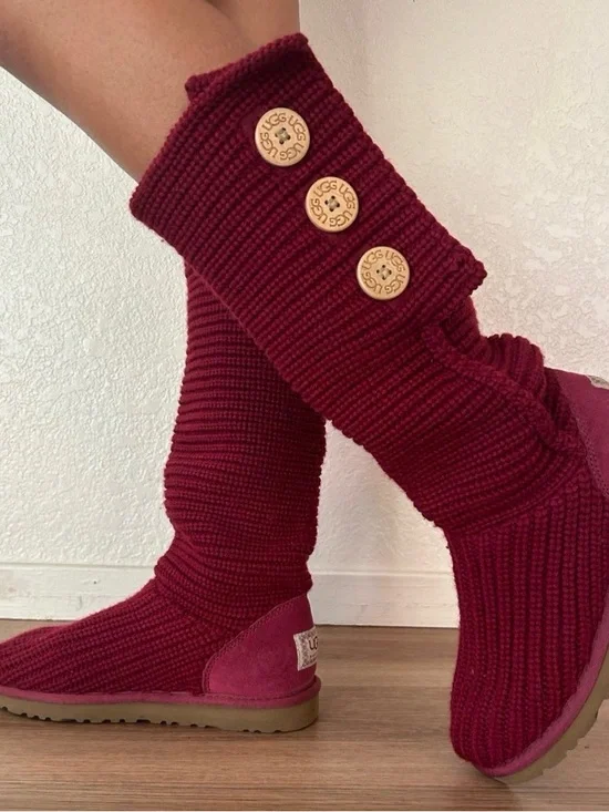 UGG Cardy Knit Boots Womens Burgundy Red Button Tall High Sz 8