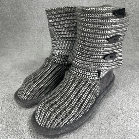 Bearpaw Boots Women 7 Gray Knit Tall Toggle Button Suede Trim Sparkle