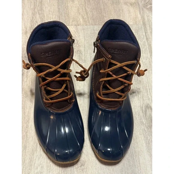 Sperry Saltwater Duck Boots Womens 7.5 Navy‎ Brown Leather Waterproof STS91175