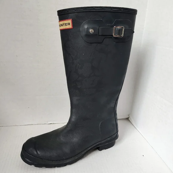 RARE Hunter Matte Dark Navy Leopard Print Faux Shearling Lined Tall Boots Sz 37