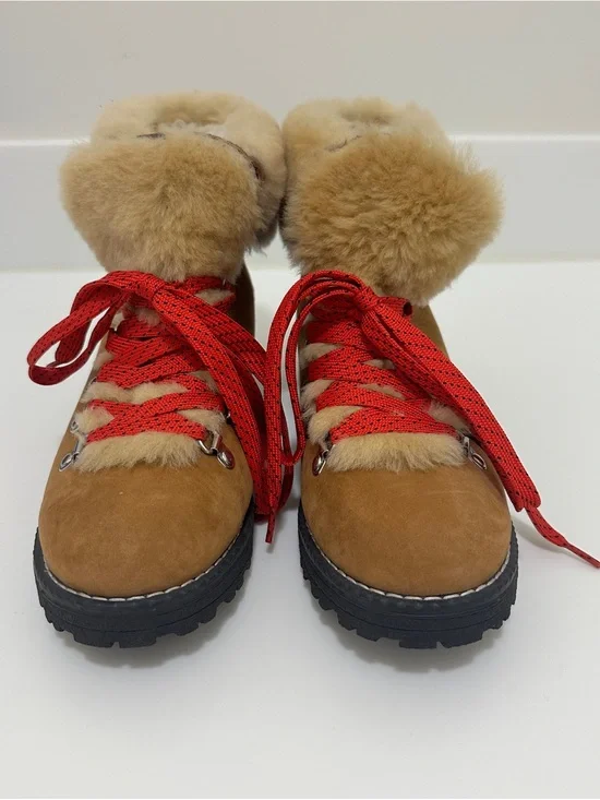 J.Crew Fur-Lined Lace-Up Boots – Tan Suede, Red Laces Size 7