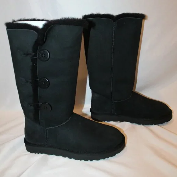 NEW UGG BAILEY BUTTON WATER RESISTANT TALL SUEDE SHEARLING LINED BOOTS BLACK‎