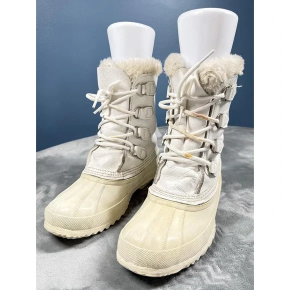 Sorel Manitou Boots Womens Size 8 White Leather Wool Lined Winter Snow Lace Up