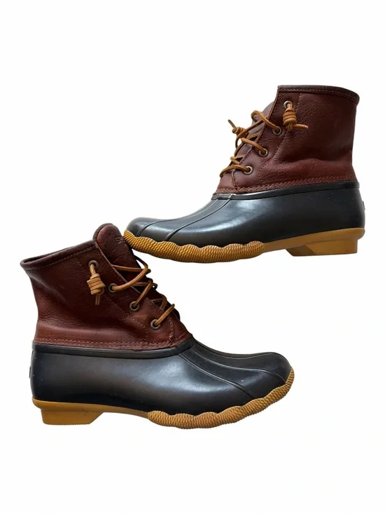 Sperry Saltwater Waterproof Duck Boot Brown Leather Rubber Preppy Coastal Sz 8