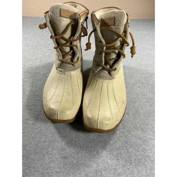 Sperry Saltwater Duck Boots Ivory Grey Wool Quilted Zip STS85279 Womens 11M