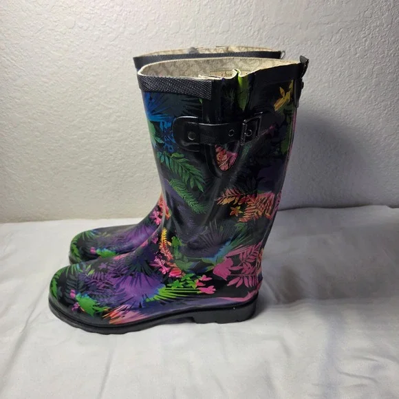 Chooka Womens Tropical Floral Tall Rain Boots Black Multi Color Size 11