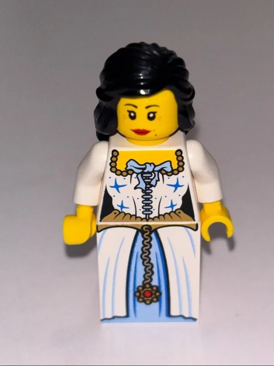 Lego Female Minifigure in White and Light Blue Dress with Black Hair