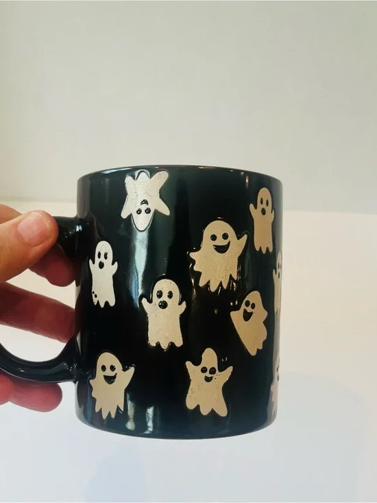 NWT Halloween Black Ghost Pattern Ceramic 2 Mugs