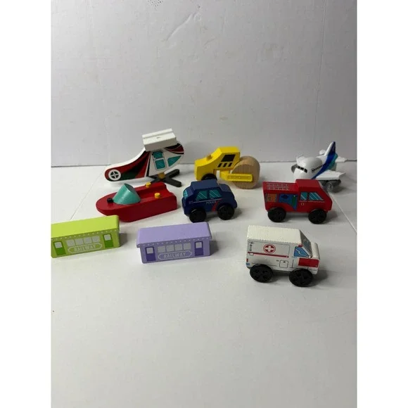 9 Piece‎ Wooden Toy Vehicle Set Police Fire Ambulance Helicopter Plane Boat