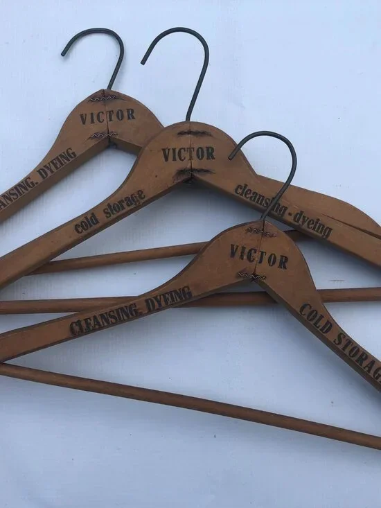 Vintage Wooden Advertising Coat Hanger Victor Cleaners - Lot of 3