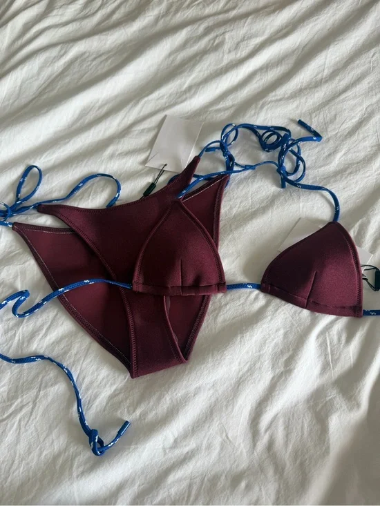 triangl swimwear Burgundy Triangle Bikini with Blue Ties