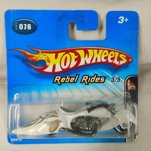 2005 Hot Wheels #078 Rebel Rides W-Oozie 3/5 White Motorcycle Short Card Package