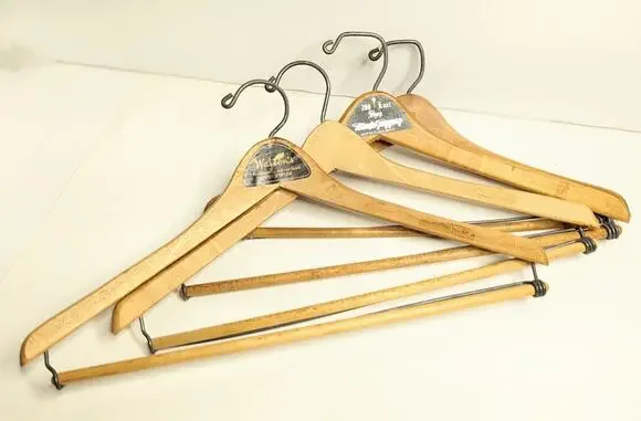 4 Vintage Wooden Hangers with bar for pants metal hooks Mixed lot