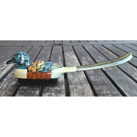 Vintage Hand Painted Wooden Mallard Duck Shoe Horn Clothes Brush Combo 10