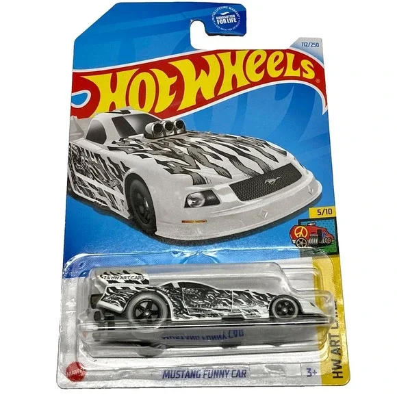 Hot‎ Wheels Mustang Funny Car 112/250 White HW Art Cars 5/10 Black Flames 1:64