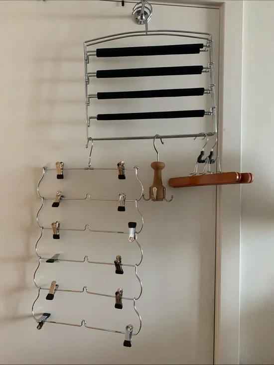6 pieces, Closet Chrome Multi-Tier and Wooden Pants Hanger with Black Foam Bars