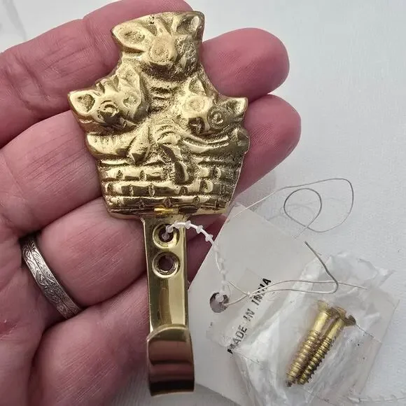 Brass Key or Stocking Hook Three (3) Kitties Kittens Kitty In a Basket ~4 Inches