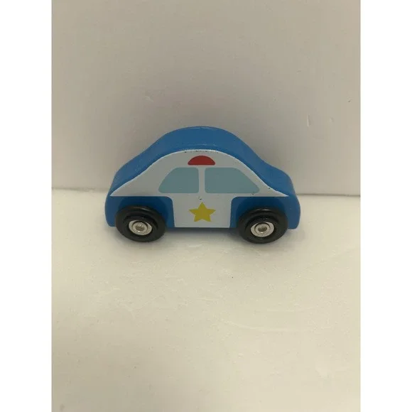 Blue White Police Car Toy Small Wood Vehicle Kids Cute Fun Play Star Design
