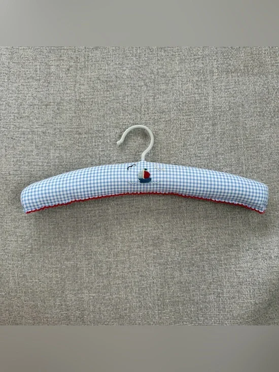 Blue Gingham Padded Kids Hanger with Red Trim and Sailboat Embroidery