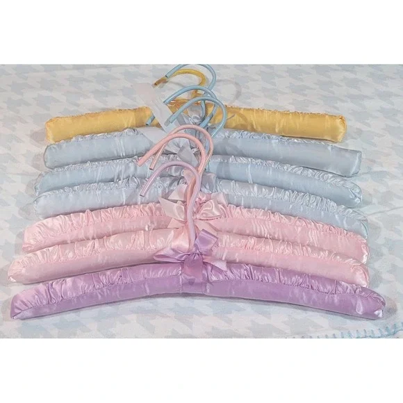 Vtg 7 Padded Satin Lingerie Hangers Pastel Pink Blue Lavender Yellow 15in