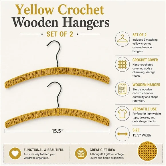 Vintage Mustard Yellow Crochet Covered‎ Clothes Hangers Set of 2 Retro Handmade