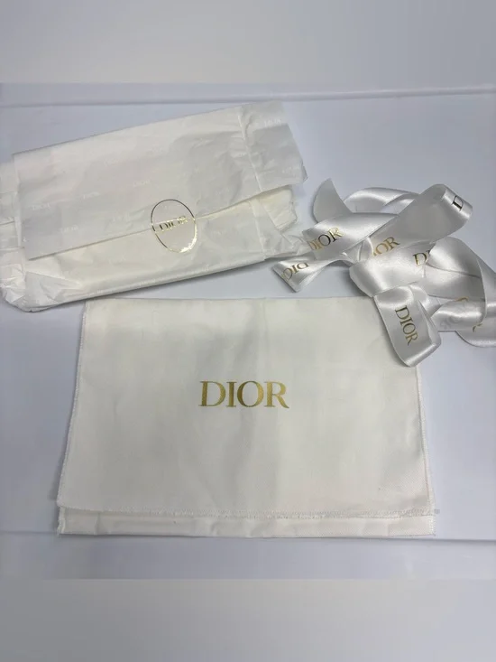 Dior White Satin Logo Dust Bag with Gold Print and Ribbon