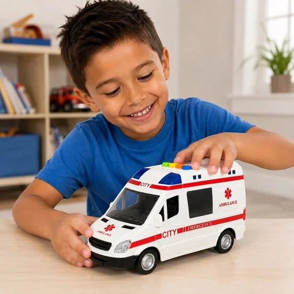 City Emergency Ambulance Toy Rescue Van White Red Opening Rear Doors Plastic