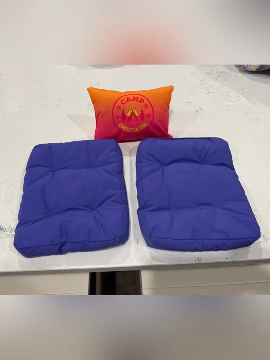 American Girl Camp Hangout ombre pillow and two purple cushions