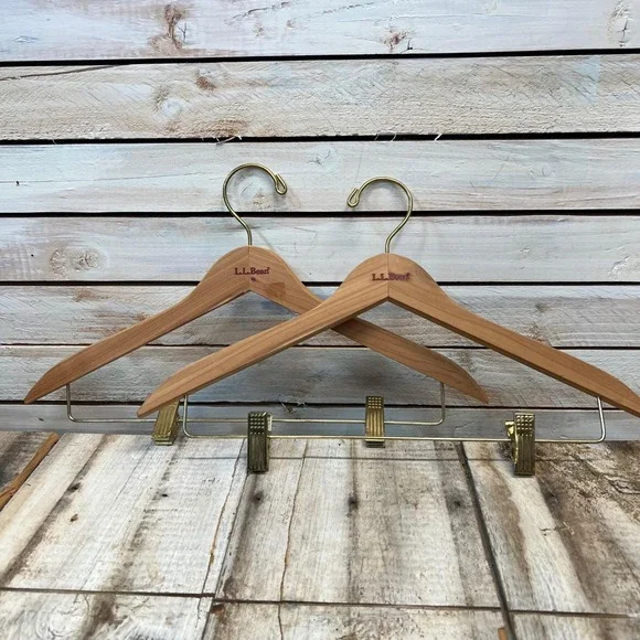 L.L. Bean Brown Cedar Wood Suit Hangers Brass‎ Clips Vintage Set of 2 OS