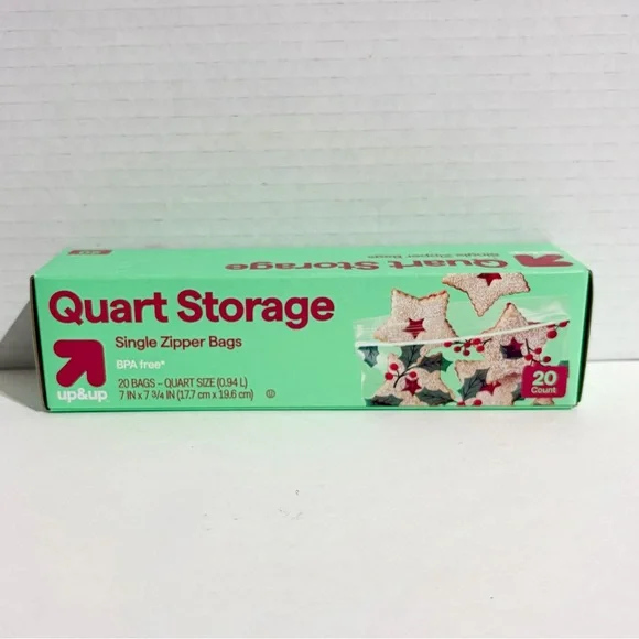 Up&Up Holiday Quart Zipper Close Food Storage Bag 20ct Holly Berry NEW