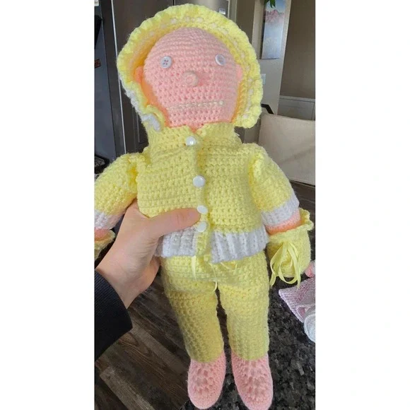 Handmade‎ Crochet Baby Doll Yellow Hooded Outfit Plush Folk Cottagecore