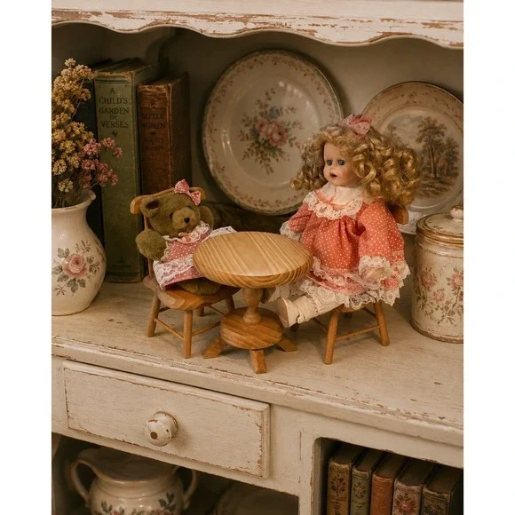 Vintage Porcelain Doll Tea Party Set‎ with Teddy Bear and Wooden Furniture Pink