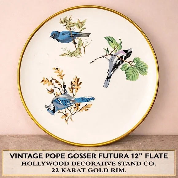 Vintage Futura Pope-Gosser‎ Bird Plate Gold Rim Blue Jay Woodpecker Wall Decor